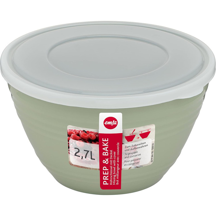 Emsa K32527 Prep&Bake Plastic Mixing Bowl 2.75 L | with a preserving lid for refrigerator storage | non-slip base | perfect stability when mixing | dishwasher safe | Green