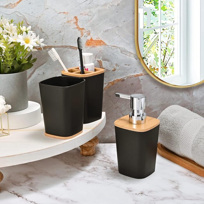 Yorkmills 6-Piece Bamboo Bathroom Accessory Set, Bathroom Accessory Set, Bathroom Trash Can and Toilet Brush Set, Modern Trash Can, Toothbrush Holder Cup, Soap Dish Holder