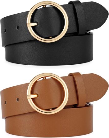 Жіночі шкіряні ремені WERFORU (2 шт.) для джинсів та штанів, з золотою пряжкою O-Ring, чорний+коричневий, розмір талії 65-75 см