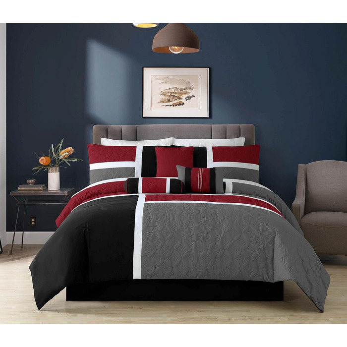 Комплект постільної білизни Chezmoi Collection Upland, 7-piece, Patchwork, для ліжка King Size (Oversized), червоно-сірий-чорний