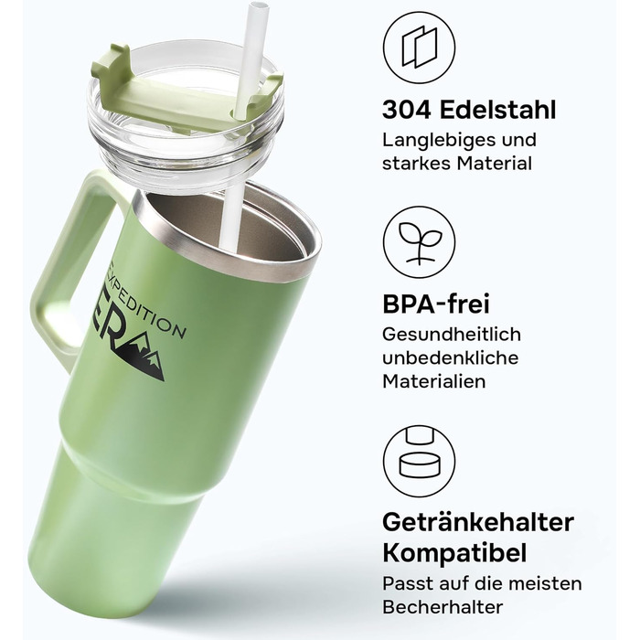 Термокружка з трубочкою 880мл, з кришкою та ручкою, 30oz, з нержавіючої сталі, ізольована, велика, з ручкою, для подорожей, кавова, на виніс XXL (Зелена)