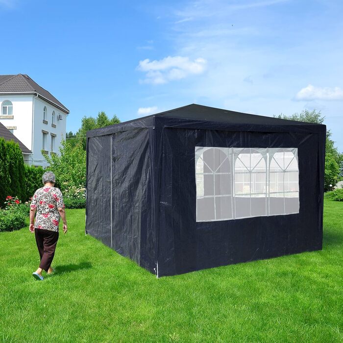 Relaxdays Pavilion Side Walls, 4-Piece Set, 2x3m, Side Panels, Window & Zipper, Waterproof, PE Plastic, Blue