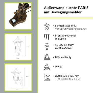 Зовнішня настінна лампа PARIS з датчиком руху, античний мідний колір, IP44, матеріал: алюміній, скло, E27, висота: 23 см. Для саду та вулиці.