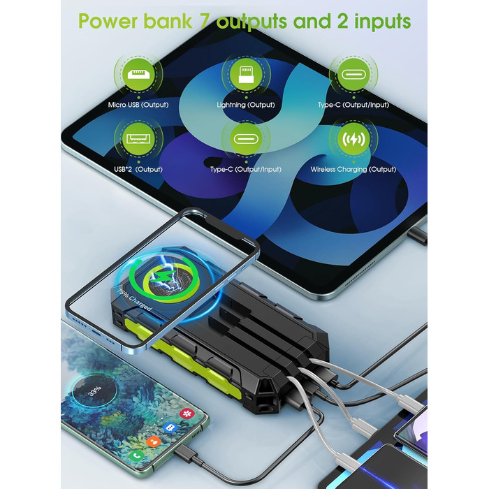 Портативний зарядний акумулятор Power Bank 52800mAh з сонячною панеллю, 30W, 7 виходів, з ліхтариком та LED-дисплеєм, чорний/зелений