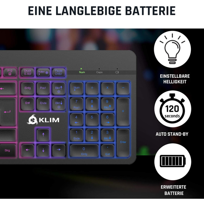 KLIM Light V2 Бездротова ігрова клавіатура QWERTZ (2023) – плоска, ергономічна, водовідштовхувана, з підсвічуванням для PC, Mac, PS4, PS5. Вбудований акумулятор.