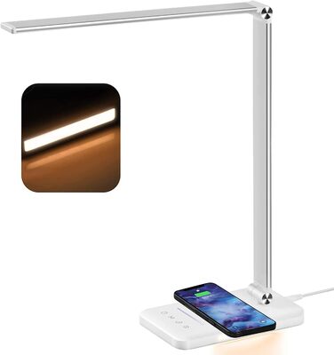 LED лампа настільна диммерна 560LM - офісна лампа з 5 режимами кольору та 10 рівнями яскравості, з нічним світлом, USB-портом, функцією пам'яті та таймером, 10W - білий (адаптер 24w - сріблястий)