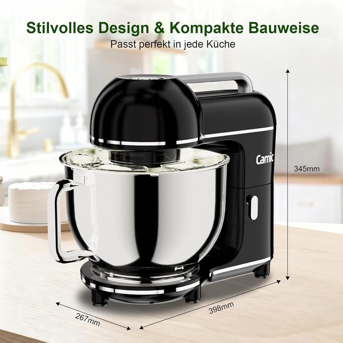 Кухонний комбайн-міксер Camic 2000W, чаша зі сталі 7л, 10 швидкостей, з набором насадок (гак, вінчик) та захистом від бризок, чорний