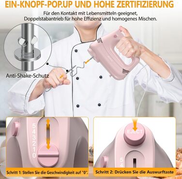 Електричний ручний міксер з нержавіючої сталі, вінчики та гаки для тіста, 5 швидкостей, Turbo Boost, для випічки, тортів, яєць та збивання (РОЖЕВИЙ)