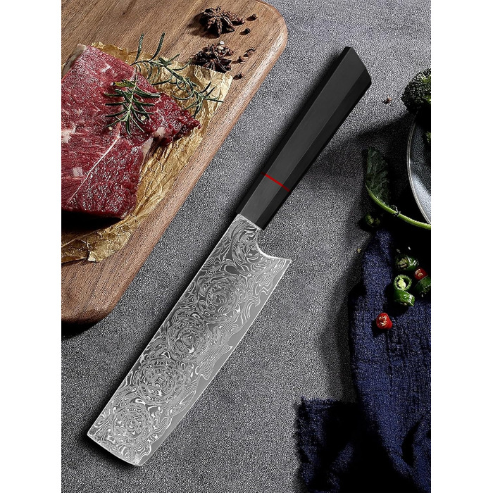 Японський ніж шеф-кухаря Plys Damast: професійний кухонний ніж з чорним дерев'яним руків'ям (Nakiri)