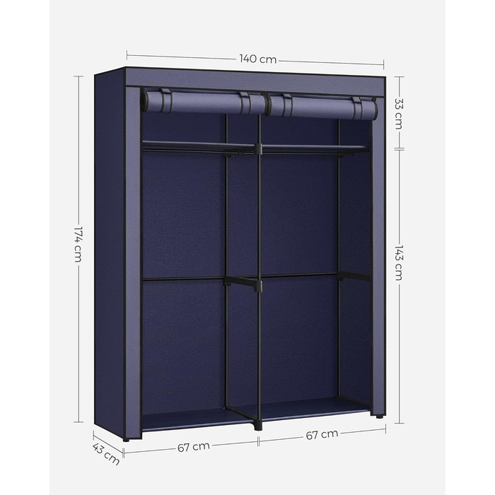 SONGMICS Storage Cabinet, Portable, with Hanging Rod, Folding, Wardrobe, Bedroom, Office, 140 x 43 x 174 cm, RYG02GY (Dark Blue)