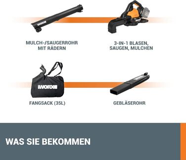 WORX WG583E.9 40V(2x20V) Cordless Leaf Blower/Vacuum - 2 in 1 for Raking & Vacuuming Leaves - 35L Collection Bag - No Battery or Charger Included, Black / Orange