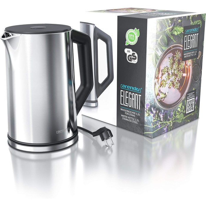 Arendo - Stainless Steel Kettle with Temperature Setting 40-100 Degrees in 5-Degree Increments - Double-Walled Design - Model ELEGANT - 1.5 Liter - 2200 W - Tea Kettle with Temperature Display - GS - Silver