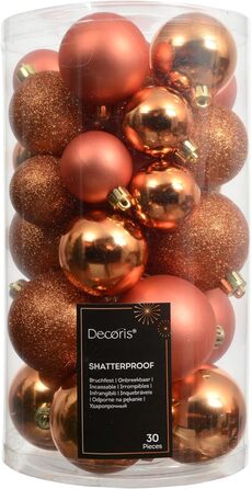 Шарди для ялинки Kaemingk, пластик, 6 см, 30 шт. - класичні, неб'ючі - набір прикрас для ялинки, матові, блискучі, з глітером - теплий помаранчевий колір