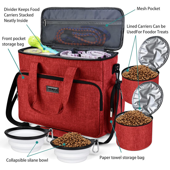 Сумка для собак Baglher, переноска для тварин (усі аксесуари для подорожей з тваринами), з 2 контейнерами для корму та 2 складаними мисками з силікону; незамінний набір для подорожей з домашніми тваринами, червона (L)