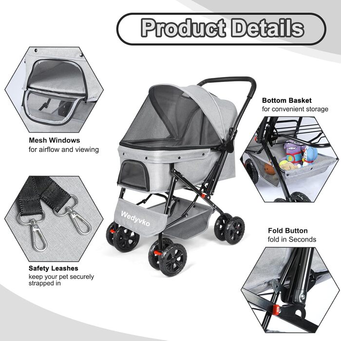 Візок для собак Wedyvko до 20 кг, 4 колеса, складний, для маленьких та середніх собак та котів, з кошиком для зберігання та тримачем для напоїв (сірий)