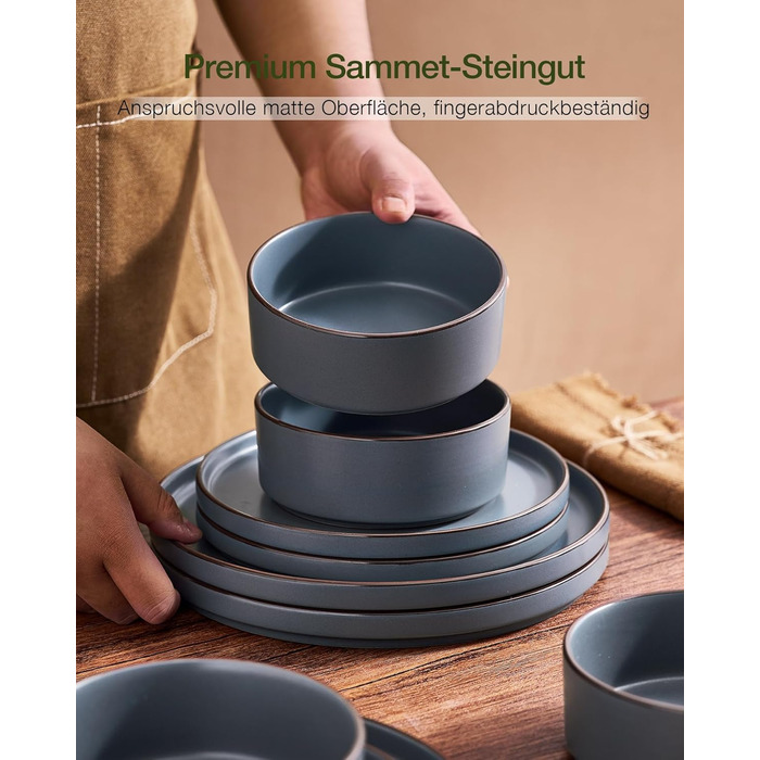 Набір посуду Mercury, 12 предметів: тарілки для 4 осіб (тарілки для їжі, десертні тарілки, миски для каші), з каменю, підходить для мікрохвильової печі та миття в посудомийній машині, колір: вугільно-сірий