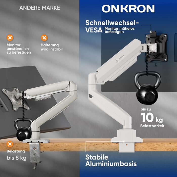 Кронштейн для монітора ONKRON G80-BW з газліфтом, для екранів 13-32 дюймів до 10 кг, VESA 75x75 / 100x100, регулювання висоти та нахилу, біло-чорний