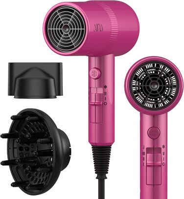 Фен AINA з дифузором, для жінок | Іон-технологія, керамічне покриття, холодний струмінь, 230v~ (неоново-рожевий)