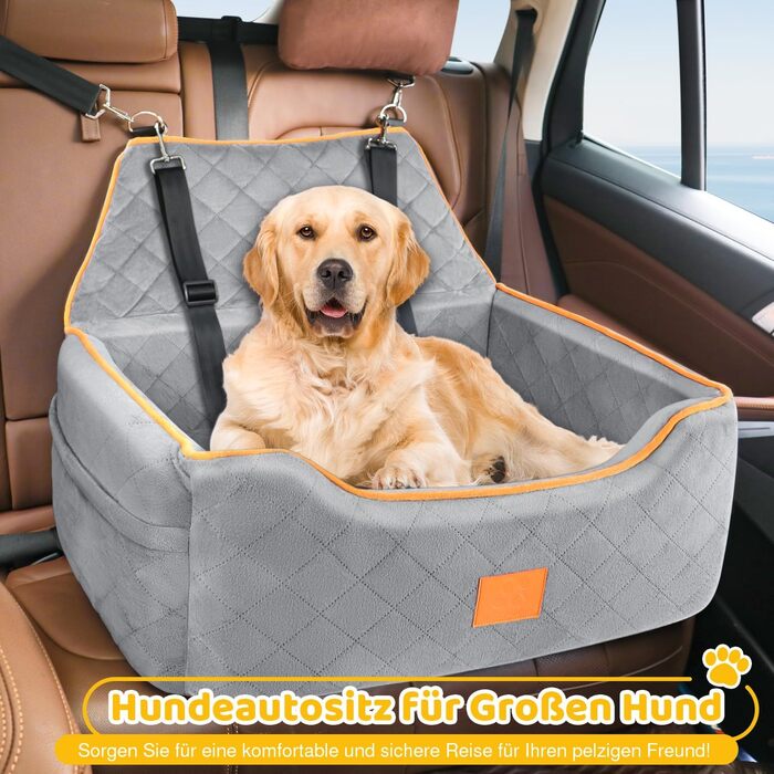 GL GLENSLAVE Dog Car Seat for Large/Medium Dogs - Elevated Pet Seat for Dogs Up to 25kg or 2 Small Dogs, Removable & Washable with Thick Cushions & Storage Pockets (Gray)