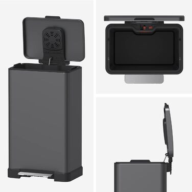 Смітник на 50 літрів з контейнером, повільно закривається, захист від відбитків пальців, велика нержавіюча сталь, кухонний смітник прямокутної форми, для дому та офісу, сірий, 50L