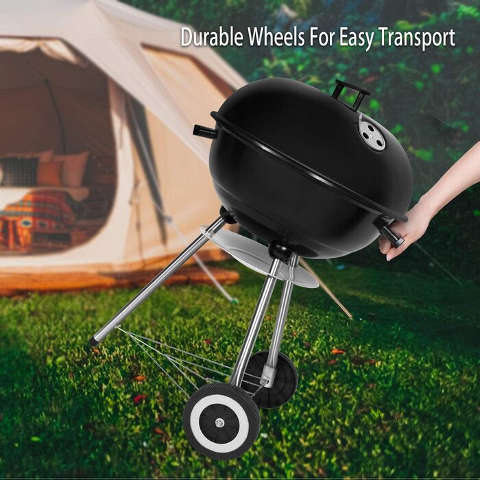 Charcoal grill, portable, round, with lid, double wheels, grill on stand, φ 41 cm, height 70 cm, black