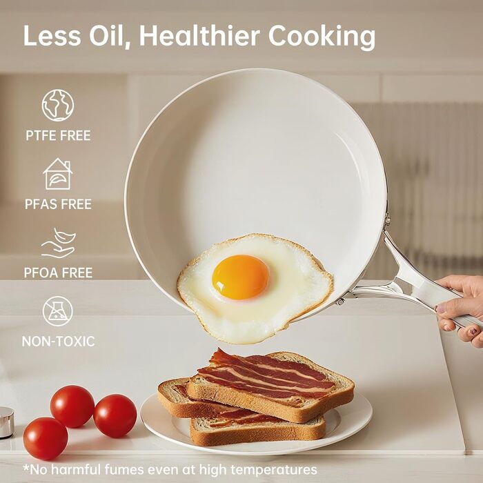 Набір антипригарних сковорідок Tjean з керамічним покриттям (без PTFE, PFOA, PFAS) з нержавіючою ручкою, підходить для індукційних, газових, електричних плит та духовки до 280°C (кремово-білий, 20+24+28 см)