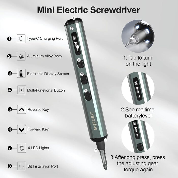 Набір мініатюрної електричної викрутки 72 в 1 з прецизійними бітами, 64 магнітні насадки, 5 режимів крутного моменту, 4 LED-лампи, для ремонту телефонів, годинників, камер