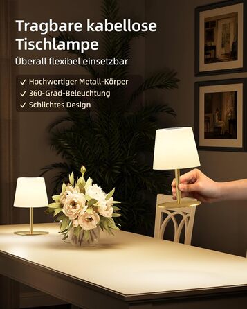 Настільна LED лампа EZVALO бездротова, 2 шт., IP65, 4500mAh, USB-C, диммер сенсорний, 3 режими світла, золота. Лампа для кемпінгу, спальні та столу.