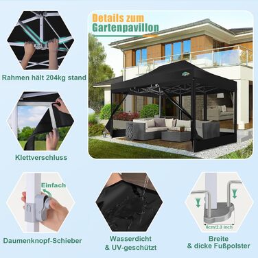 COBIZI Pavilion 3x3m Foldable, Waterproof & Winter-Proof – Stable Garden Tent with 23mm Steel Tube, UV50+ and Mosquito Nets for Camping/Parties + Carry Bag (Black, 3mx4.5m)