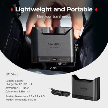 Зарядний пристрій SMALLRIG для акумуляторів Canon LP-E6P/LP-E6NH, подвійний, 22.5W USB-C, сумісний з Canon EOS R5 Mark II, R6 Mark II, R5, R6, R7, 5D Mark II та 5D Mark IV