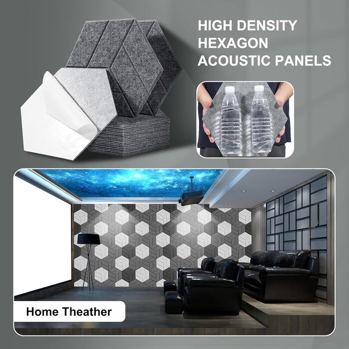 Акустичні гексагональні панелі самоклейні 30x26x0.9 см, звукопоглинаючий акустичний поролон для студії, офісу та геймерської кімнати, темно-сірий (12 шт.)