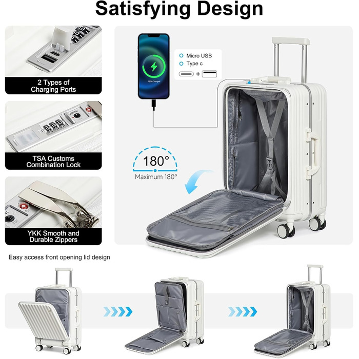 Валіза ручної поклажі Sea Choice з жорстким корпусом з PC, відділенням для ноутбука, USB-портом, 8 колесами Spinner, TSA замком та тримачем для напоїв (білий)