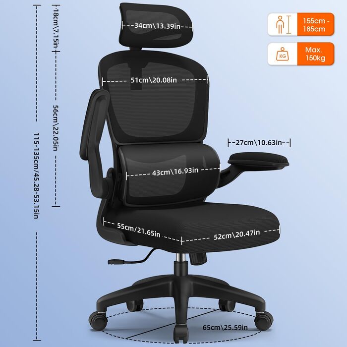 Ергономічне крісло для офісу з регульованою підголовником, поперековою підтримкою та відкидними підлокітниками, крісло для начальника, 150 кг, чорний колір, модель 2