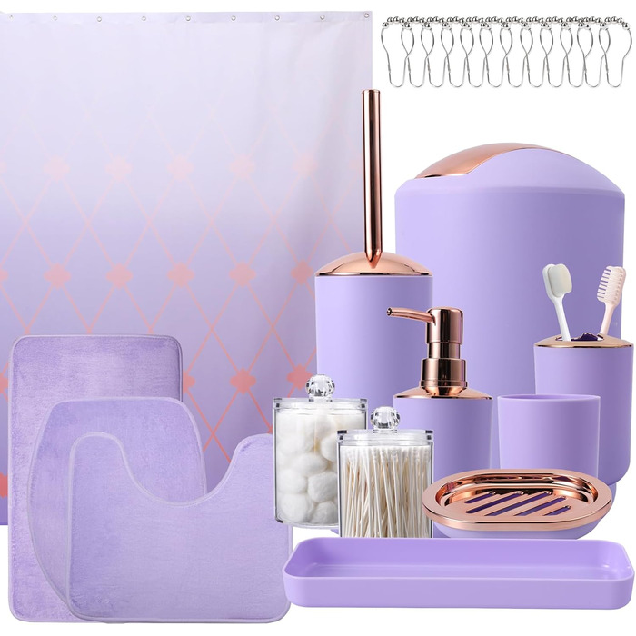 9-Piece Bathroom Accessories Set – Trash Can, Soap Dispenser Set, Soap Dish, Toilet Brush with Holder, Toothbrush Holder, Cup, Tray, Cotton Swab Holder, (Violet Bathroom Set + Shower Curtain + Rugs)