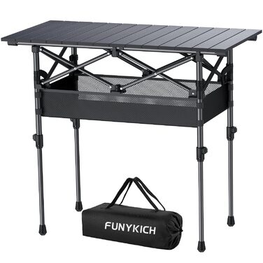 Складаний туристичний стіл FUNYKICH 82x40 см з регулюванням висоти (44/70 см), з сітчастою кишенею, для пікніка, кемпінгу, BBQ, саду