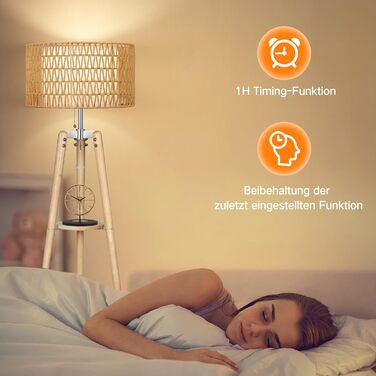 LED торшер Outon з трьома ніжками, регульоване освітлення, полиця, пульт, 4 режими кольору, таймер, 2 плафона, для вітальні/спальні (дерев'яний)