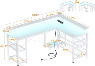 Геймерський стіл ODK з LED-підсвіткою, кутовий, реверсивний, 2 розетки та 2 USB-порти, велика біла модель 168×120 см, з сітчастою полицею