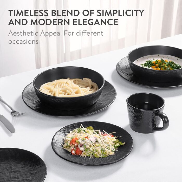 Набір посуду Navaris з каменю (16 предметів) для 4 осіб - тарілки, супові тарілки, чашки, антрацитовий колір