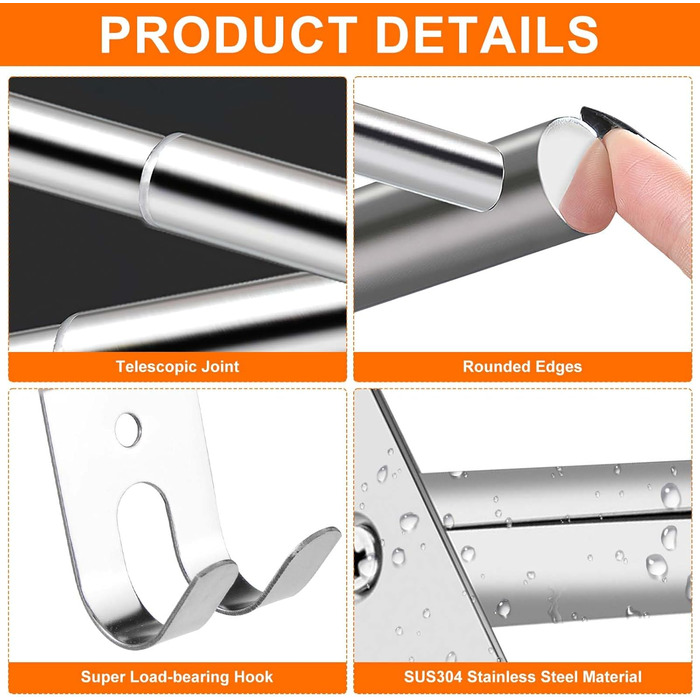 Тримач для рушників настінний з нержавіючої сталі, глянсовий, висувний, 2 стійки, 43-75 см з гачками, для ванної кімнати, монтаж на свердла або на клей - 2 способи встановлення, підходить для ванної та кухні