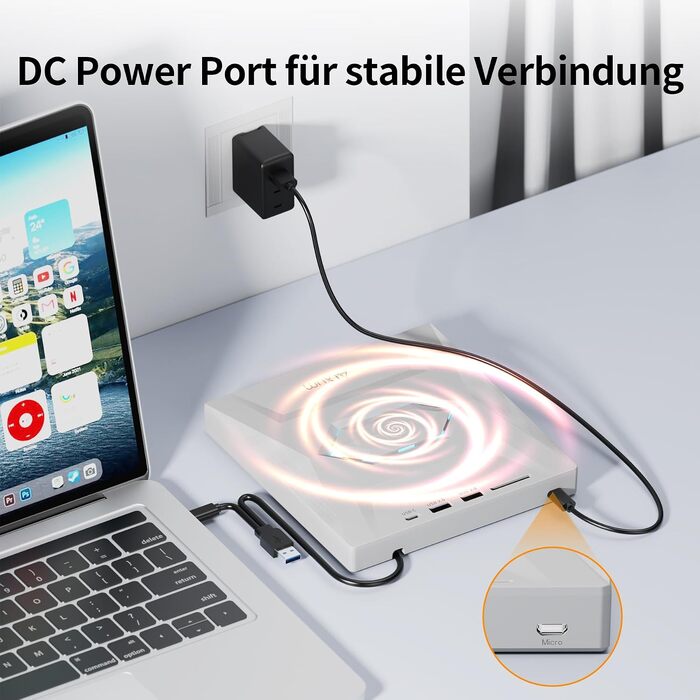 Зовнішній CD/DVD привід Alxum USB 3.0 з картридером SD/TF та додатковим USB-портом, білий