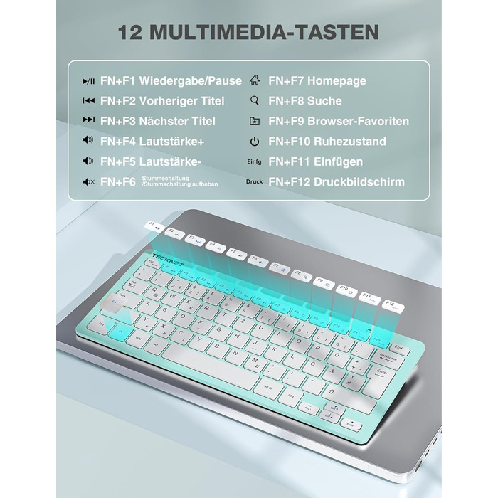 Бездротова клавіатура та миша TECKNET QWERTZ, 2.4 GHz, 15м, тиха, для ПК, ноутбука, Smart TV, білий (зелений)