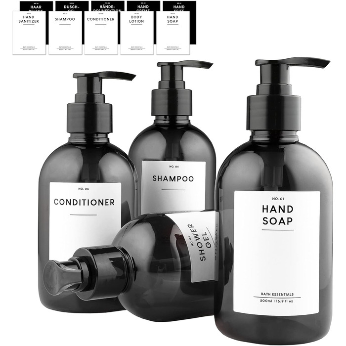 MONOKO Набір з 4 дозатори для мила, чорний, 500 мл, пластик, для шампуню, з наліпками