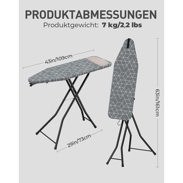 Прасувальна дошка LyriFine 2-в-1 для прасування з парою та звичайного прасування, з термостійким покриттям, складана з гачком, сталевий каркас, сірого кольору з підставкою для праски