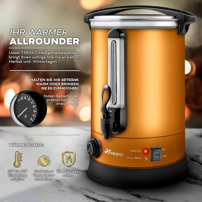 Glow Wine Heater 6.8L / 1500W Canning Machine made of Stainless Steel, Glow Wine Kettle, Glow Wine Machine, Hot Beverage Machine, Hot Water Dispenser (30 Liter, Copper)