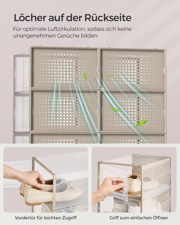 SONGMICS Shoe Boxes, 18-Piece Set, Plastic Shoe Organizer, Foldable and Stackable, for Shoes up to Size 44, Transparent-White LSP18SWT (Transparent + Oatmeal Beige, 18-Piece Set for Shoes up to Size 44)