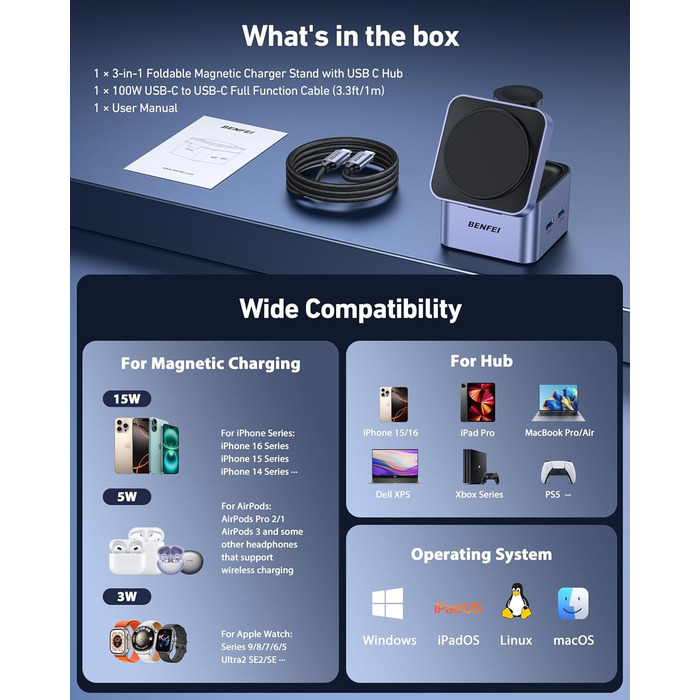 BENFEI 3-в-1 Станція зарядки MagSafe з USB-C хабом – для iPhone 16/15/14/13/12, Apple Watch та AirPods. HDMI (4K@60Hz), 100W PD, 2x USB 3.0 (5Gbps)