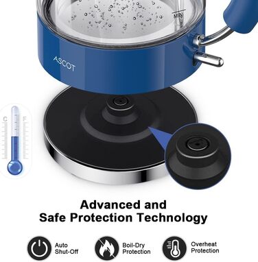 Електричний чайник зі скла ASCOT, 2200W, 1.5L, без BPA, тихий, з функцією автоматичного відключення, білий (класичний блакитний)