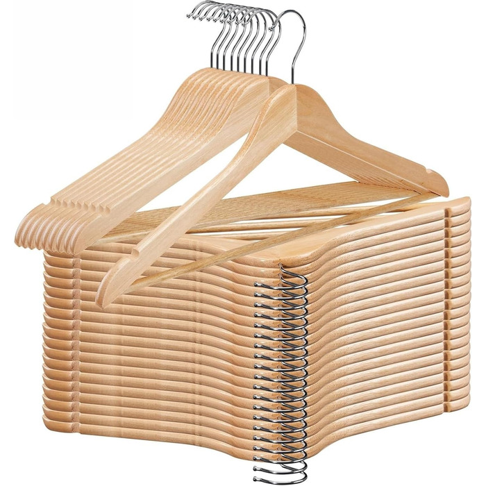 Дерев'яні вішалки для одягу, набір 20 шт. – міцні дерев'яні вішалки з перекладиною для штанів, з виступами та 360° гачком для костюмів, сорочок та курток