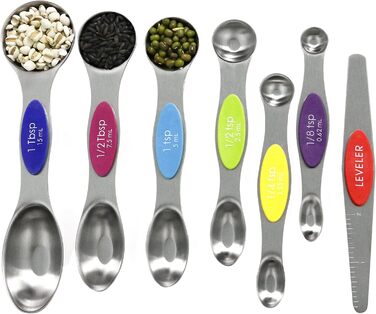 Multicolor magnetic measuring spoon set with leveler, stainless steel, stackable, fits spice jars – for baking and kitchen use