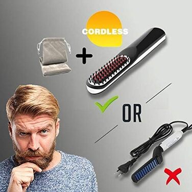 Men's Beard Straightening Brush - Cordless Travel Size with Auto Shut-Off & Anti-Scald Protection